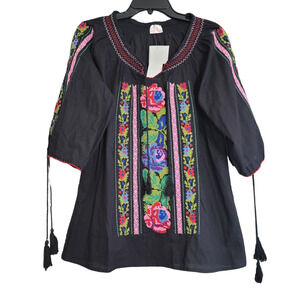 Star India Boho Black Embroidered Floral Tassel Cotton Three-Quarters Sleeves
